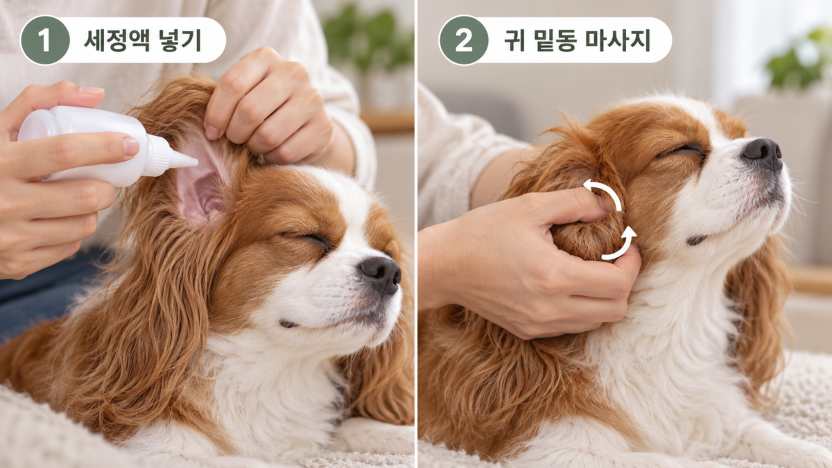 세정액 넣고 귀 밑동 마사지