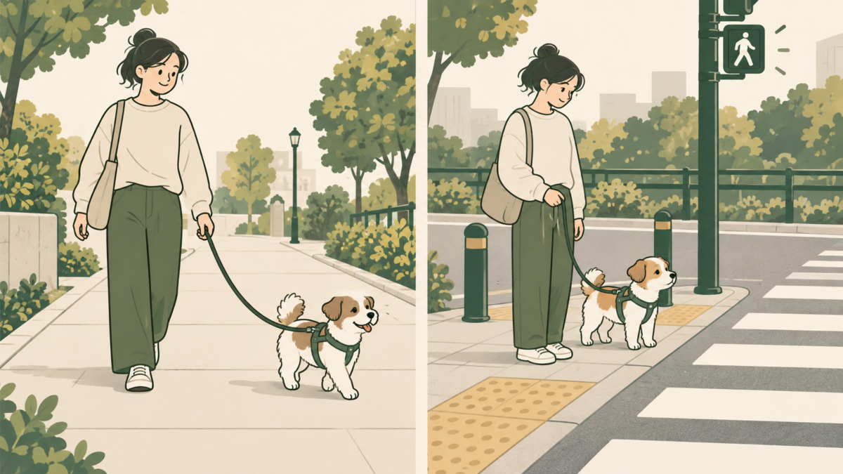 산책 환경에 따라 거리를 조절하는 설명 그림