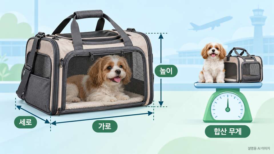 이동장 외부의 세 방향 치수와 반려견 합산 무게를 확인하는 AI 도해
