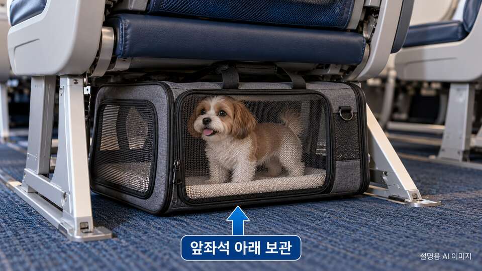 앞좌석 아래에 이동장을 보관하는 개념을 보여주는 AI 예시