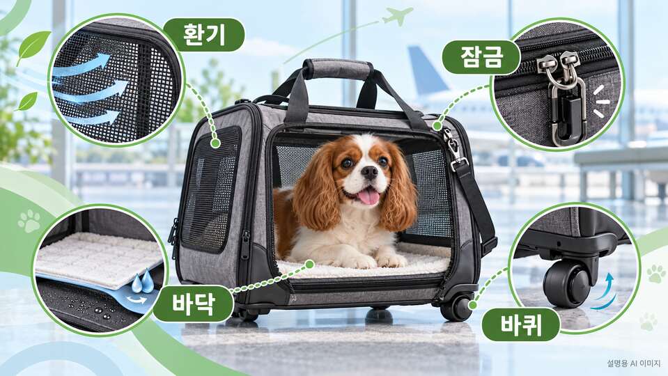 이동장의 환기망과 잠금장치·바닥·바퀴를 확인하는 AI 도해